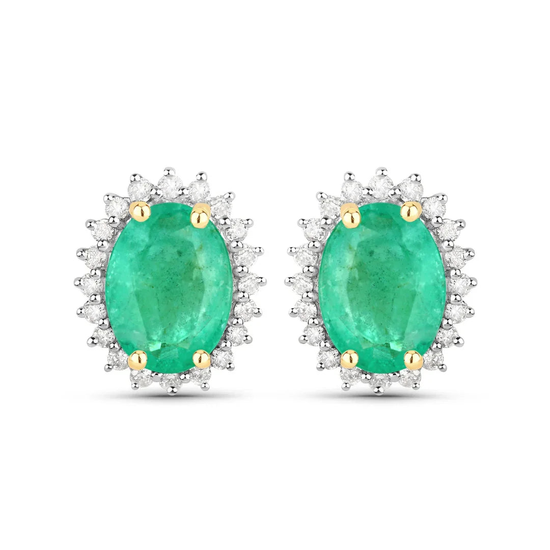 2.40 Ct Oval Green Zambian Emerald & Diamond Prong 10K Gold Halo Stud Earrings