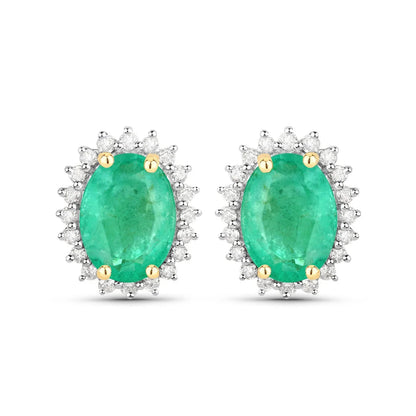 2.40 Ct Oval Green Zambian Emerald & Diamond Prong 10K Gold Halo Stud Earrings