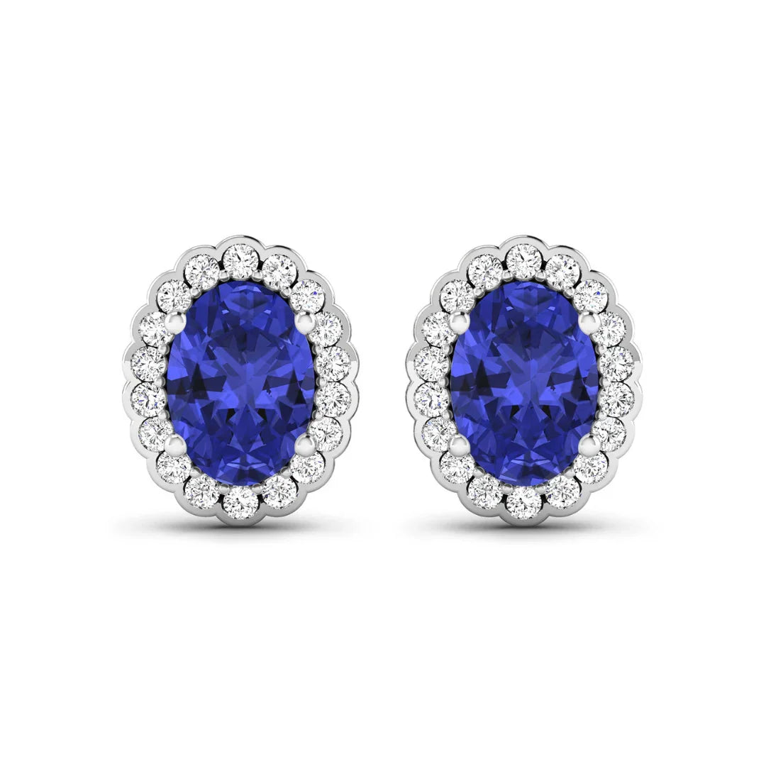 1.50 Ct Oval Violet Tanzanite & Diamond Prong 14K Gold Halo Stud Earrings