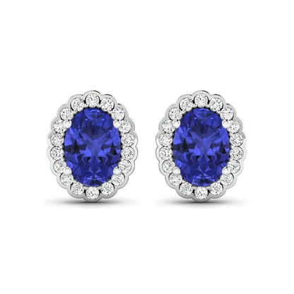 1.50 Ct Oval Violet Tanzanite & Diamond Prong 14K Gold Halo Stud Earrings