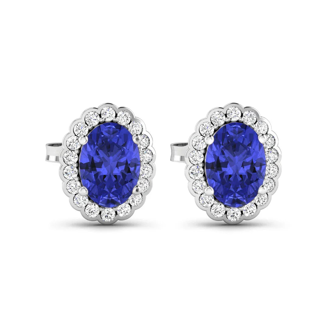 1.50 Ct Oval Violet Tanzanite & Diamond Prong 14K Gold Halo Stud Earrings