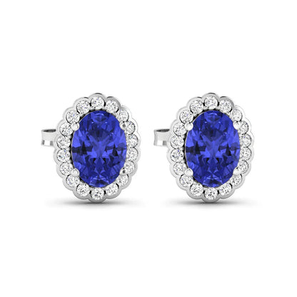 1.50 Ct Oval Violet Tanzanite & Diamond Prong 14K Gold Halo Stud Earrings
