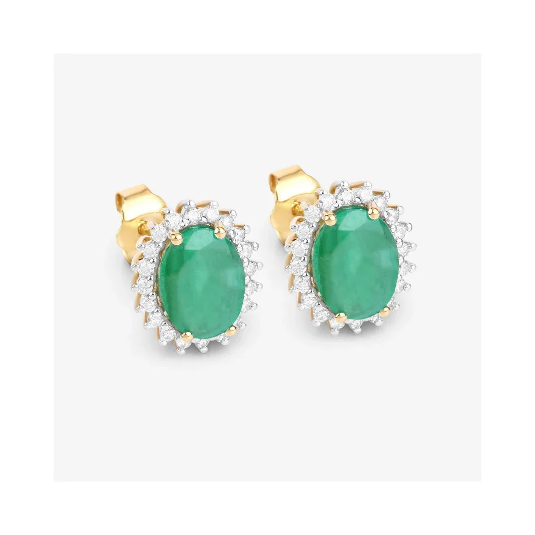 2.40 Ct Oval Green Zambian Emerald & Diamond Prong 10K Gold Halo Stud Earrings