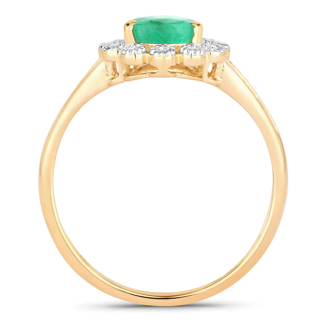 1.10 Ct Pear Green Zambian Emerald Diamond V-Prong 10k Gold Halo Statement Ring