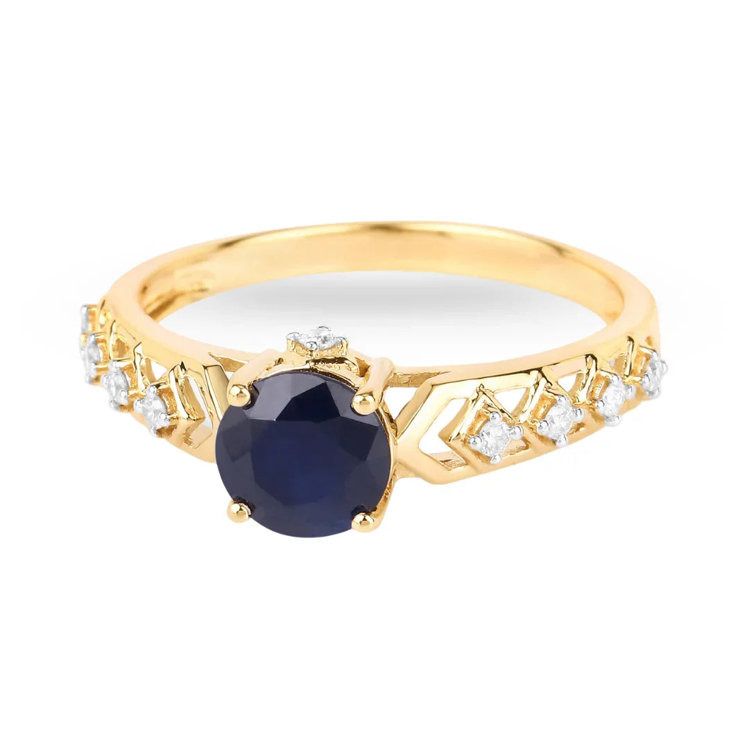 1.03 Ct Round Blue Sapphire & Diamond Prong 10k Gold Bridge Engagement Ring