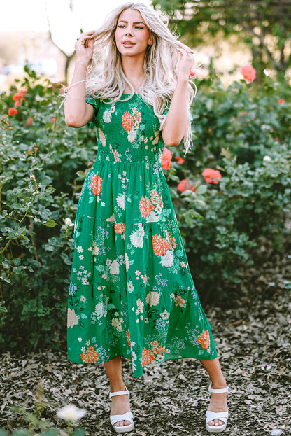Threaded Pear Kailany Floral Bubble Sleeve Smocked Tiered Midi Dress