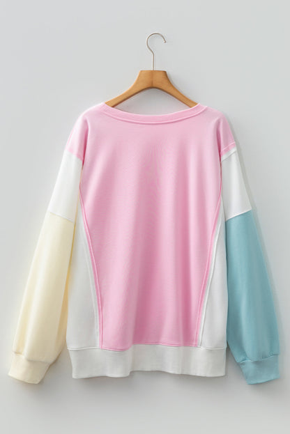 Threaded Pear Pink Colorblock Patchwork Drop Shoulder Plus Size Sweatshirt