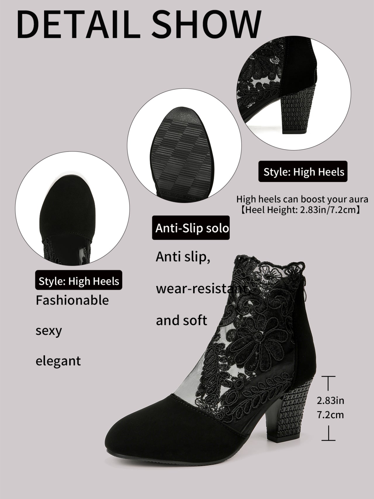 Women’s Lace-Embroidered Mesh Chunky-Heel Ankle Boots