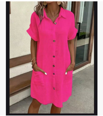 Women's Cotton Linen Shirt Dress – V-Neck Button-Front A-Line Dress