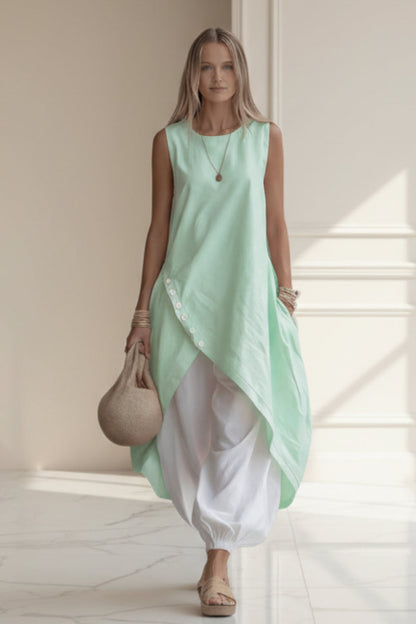 Women's Sleeveless Asymmetric Tunic & Harem Pants Two-Piece Set