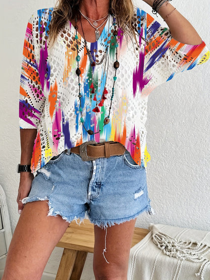 Women's Batwing-Sleeve Sweater – Hollowed-Out 3D Knitted Print Relaxed Fit