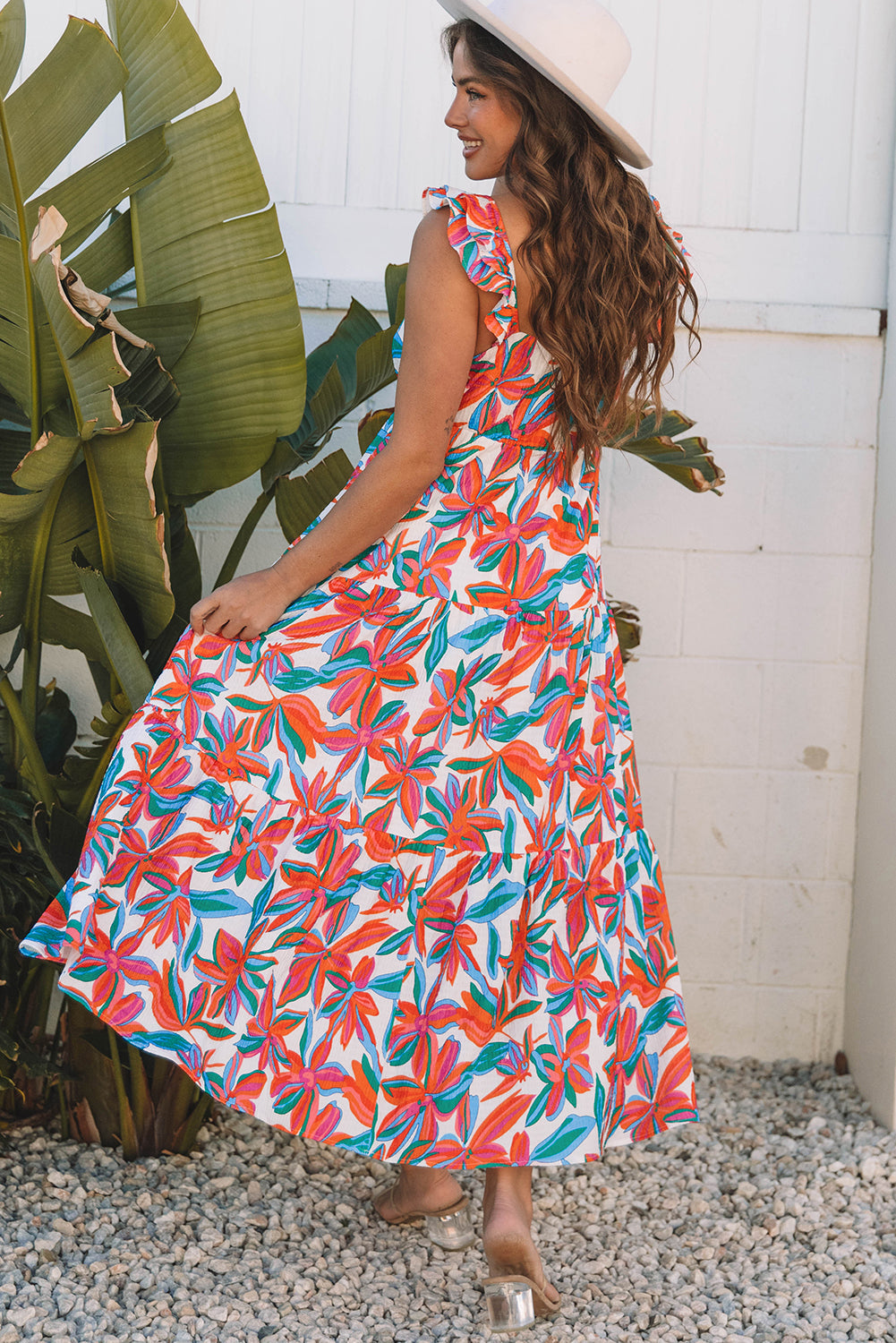 Threaded Pear Alice Boho Floral Ruffled Strap Maxi Dress