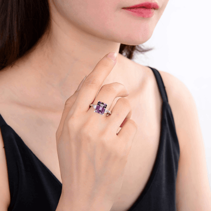 5.55 Ct Octagon Purple Amethyst and White Zircon Prong Silver Statement Ring