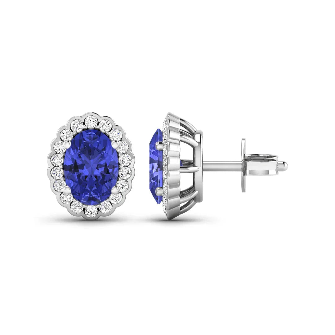1.50 Ct Oval Violet Tanzanite & Diamond Prong 14K Gold Halo Stud Earrings