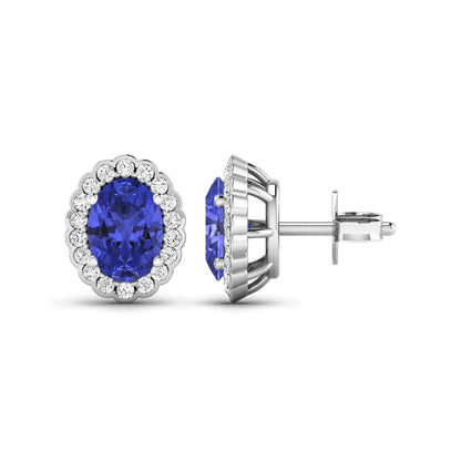 1.50 Ct Oval Violet Tanzanite & Diamond Prong 14K Gold Halo Stud Earrings