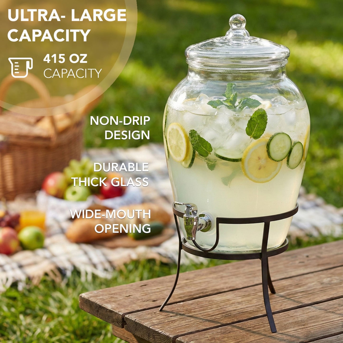 Jay Companies Beverage Dispenser With Metal Rack & Glass Lid 2.7 Gal