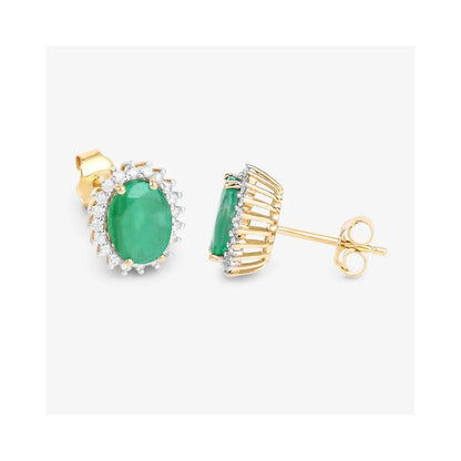 2.40 Ct Oval Green Zambian Emerald & Diamond Prong 10K Gold Halo Stud Earrings