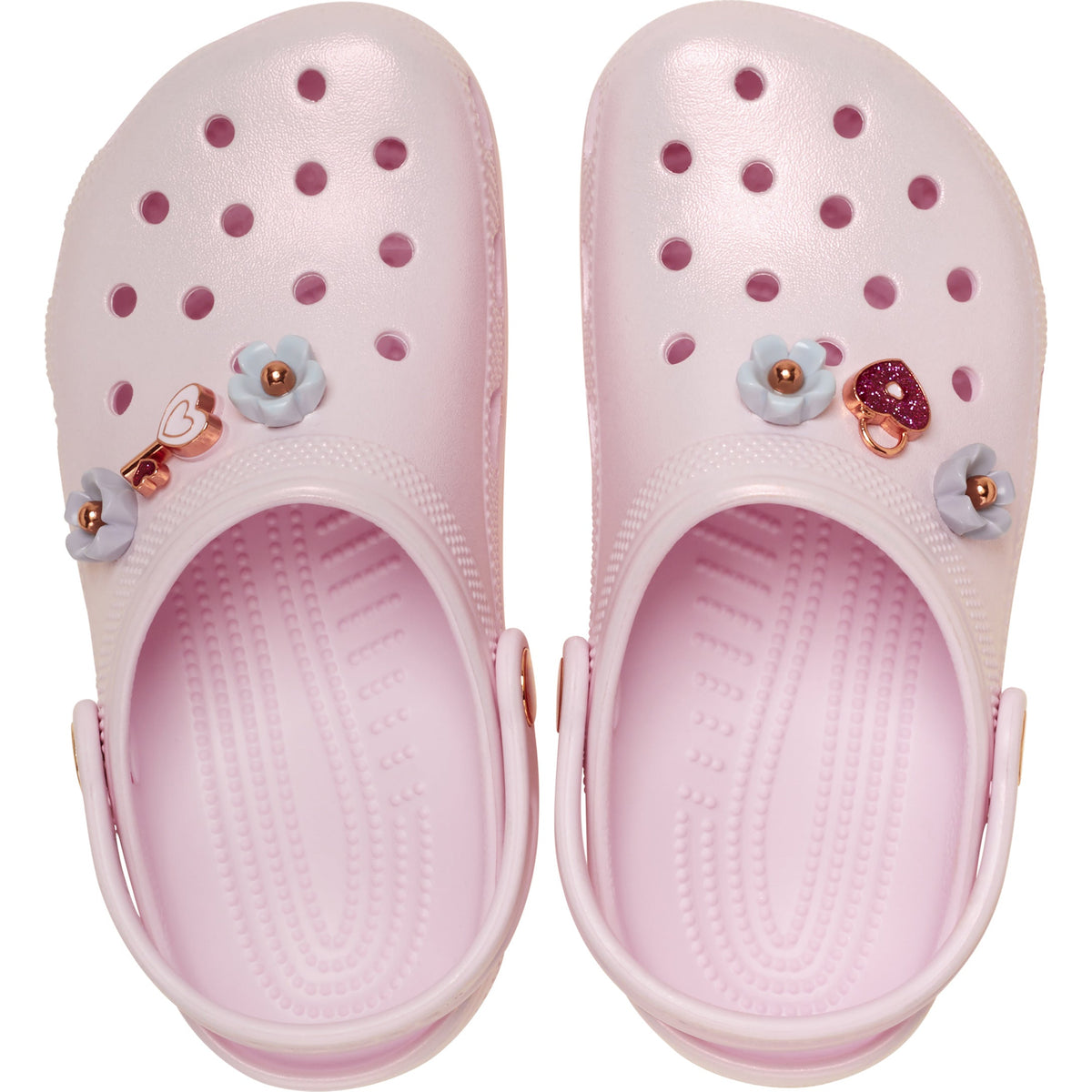 Crocs Grade School Classic Iridescent Charm Clogs Pink Milk