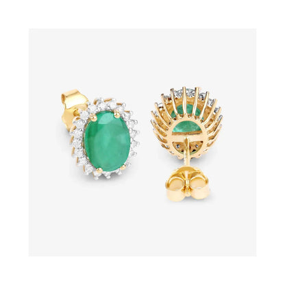 2.40 Ct Oval Green Zambian Emerald & Diamond Prong 10K Gold Halo Stud Earrings