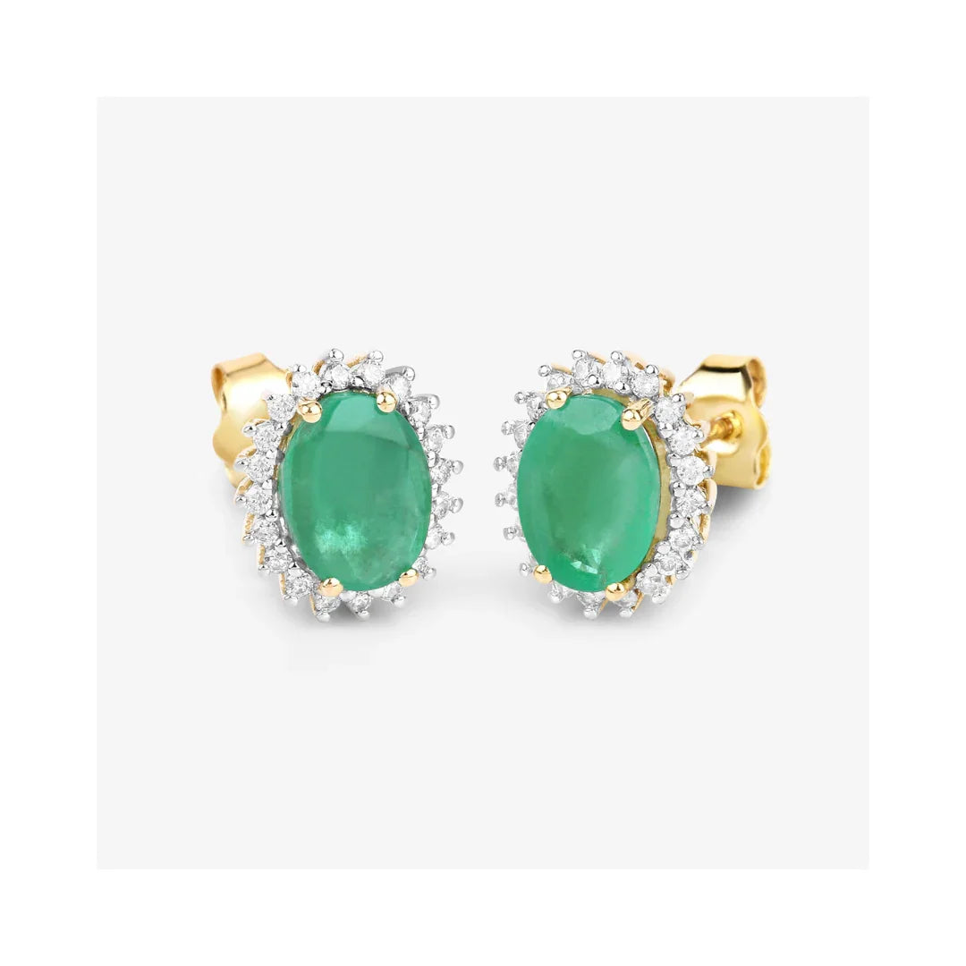 2.40 Ct Oval Green Zambian Emerald & Diamond Prong 10K Gold Halo Stud Earrings