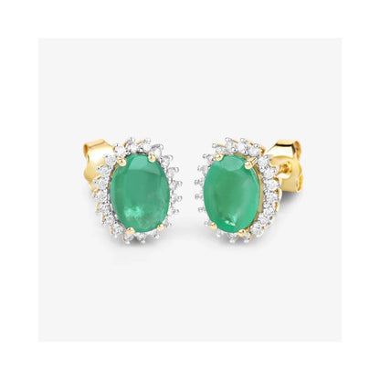 2.40 Ct Oval Green Zambian Emerald & Diamond Prong 10K Gold Halo Stud Earrings