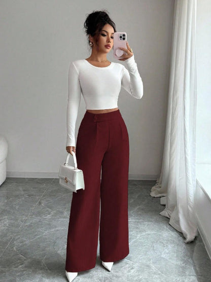Women's High-Waist Straight-Leg Pants – Solid Color Button Detail Full Length
