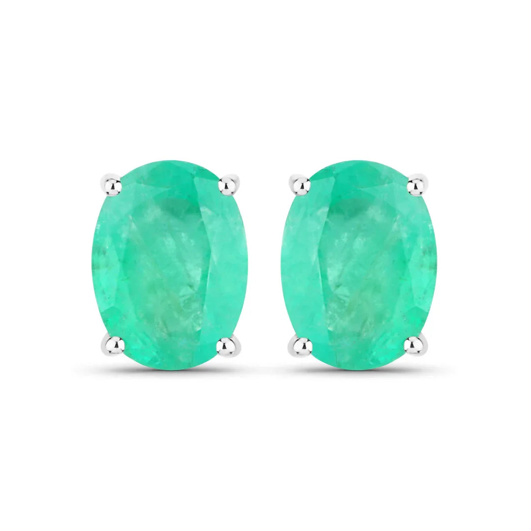 2.40 Ct Oval Green Zambian Emerald Prong 10K White Gold Stud Earrings