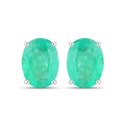 2.40 Ct Oval Green Zambian Emerald Prong 10K White Gold Stud Earrings
