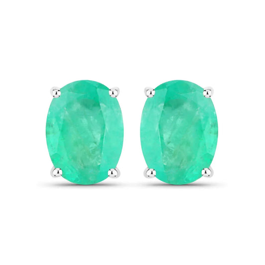 2.40 Ct Oval Green Zambian Emerald Prong 10K White Gold Stud Earrings