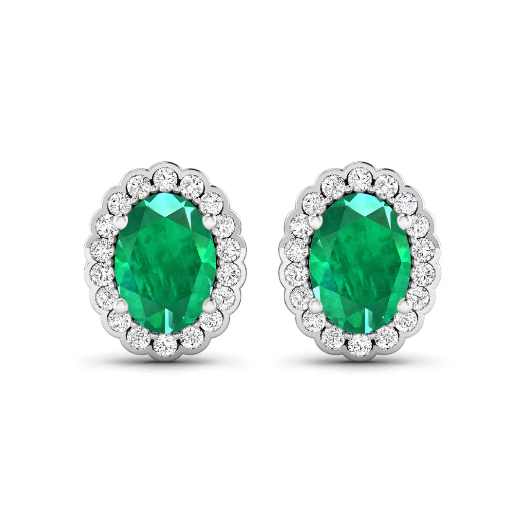 1.40 Ct Oval Green Zambian Emerald & Diamond Prong 14k Gold Halo Stud Earrings
