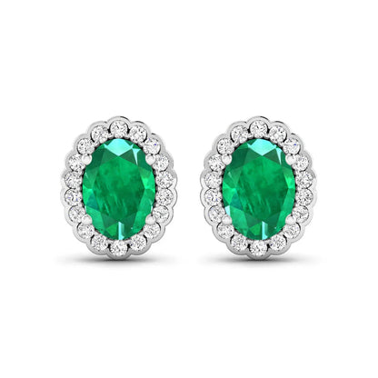 1.40 Ct Oval Green Zambian Emerald & Diamond Prong 14k Gold Halo Stud Earrings