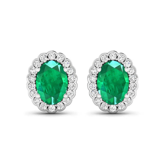 1.40 Ct Oval Green Zambian Emerald & Diamond Prong 14k Gold Halo Stud Earrings