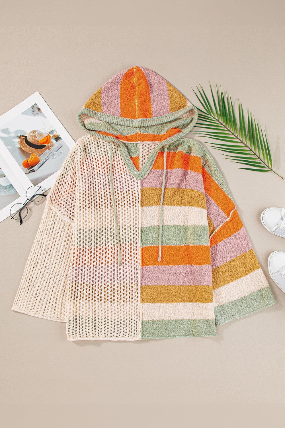 Threaded Pear Harper Oversized Colorblock V Neck Hooded Sweater