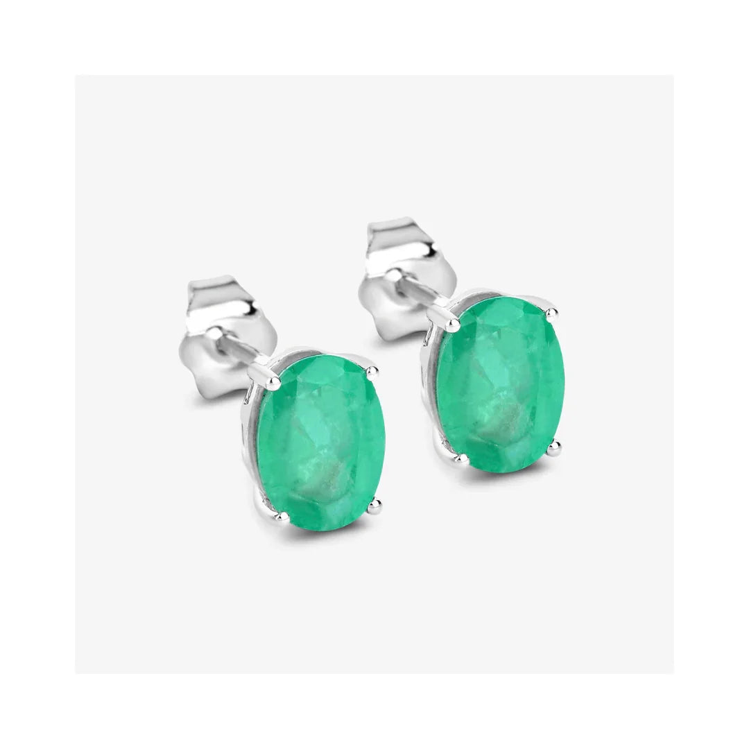 2.40 Ct Oval Green Zambian Emerald Prong 10K White Gold Stud Earrings