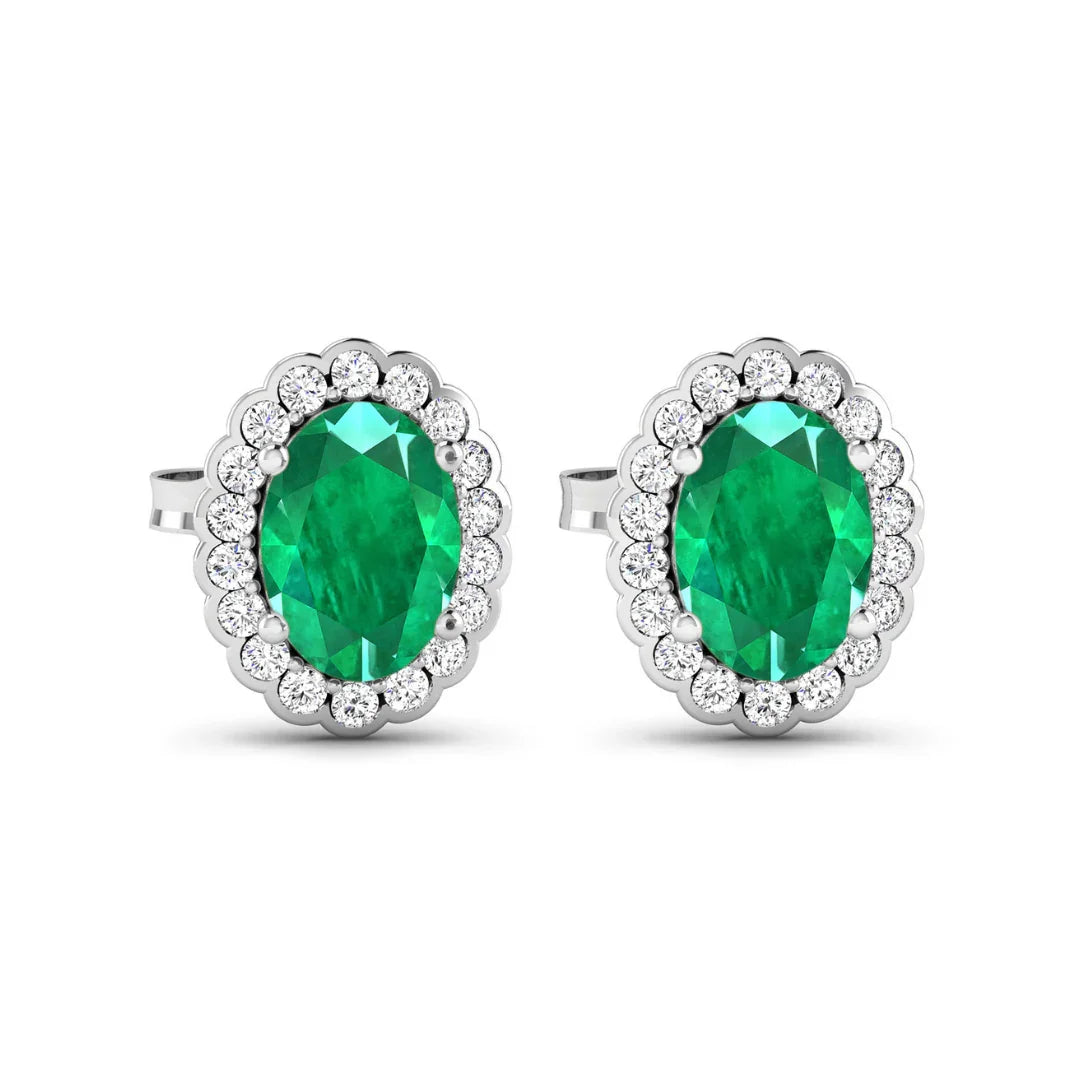 1.40 Ct Oval Green Zambian Emerald & Diamond Prong 14k Gold Halo Stud Earrings