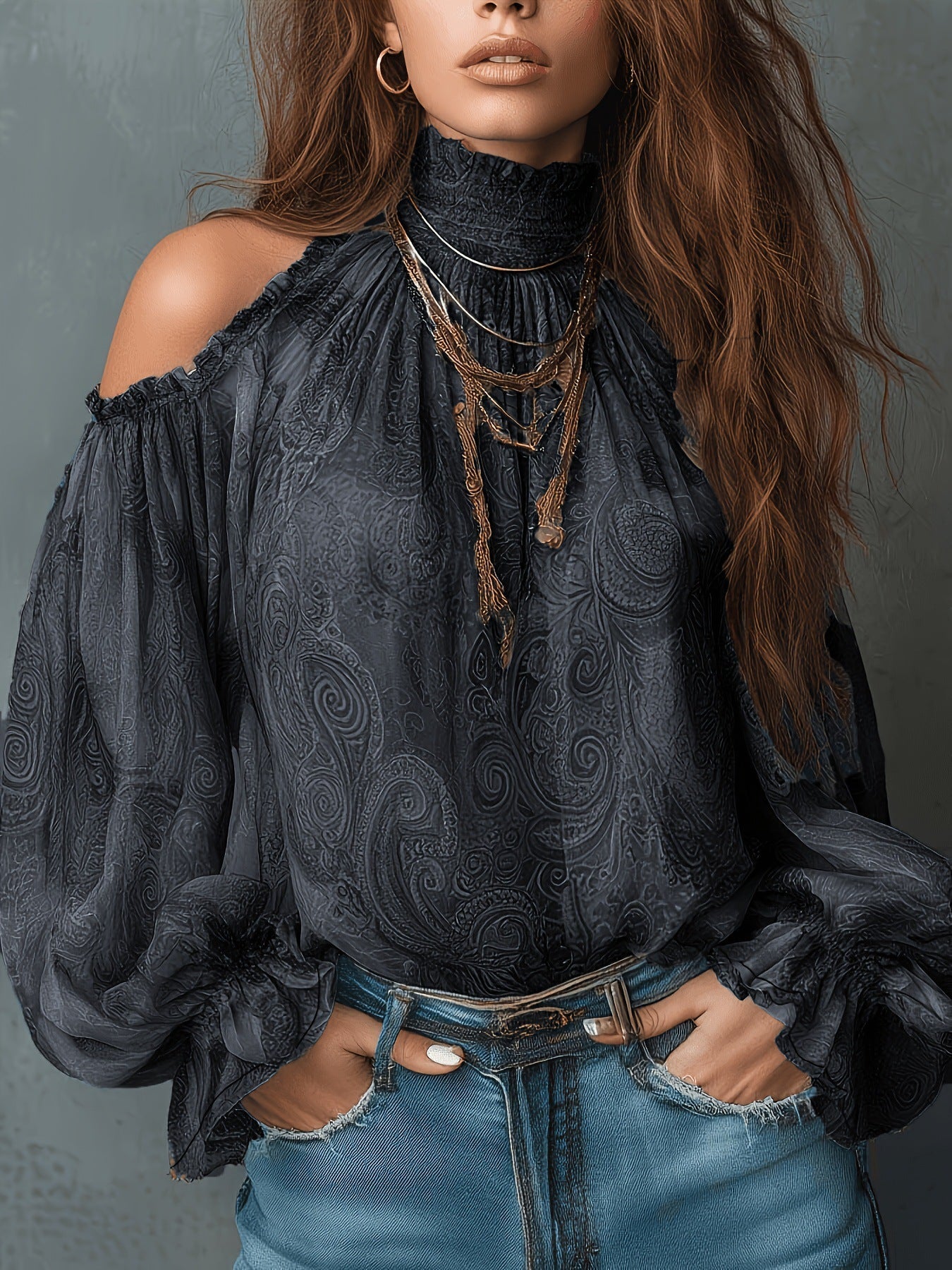 Women's Retro Cashew Print Off-Shoulder Blouse with Lantern