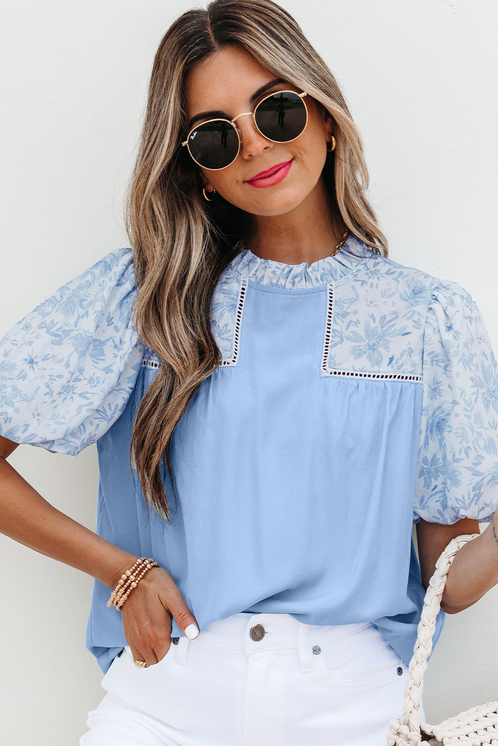 Threaded Pear Saanvi Lace Floral Puff Sleeve Loose Blouse