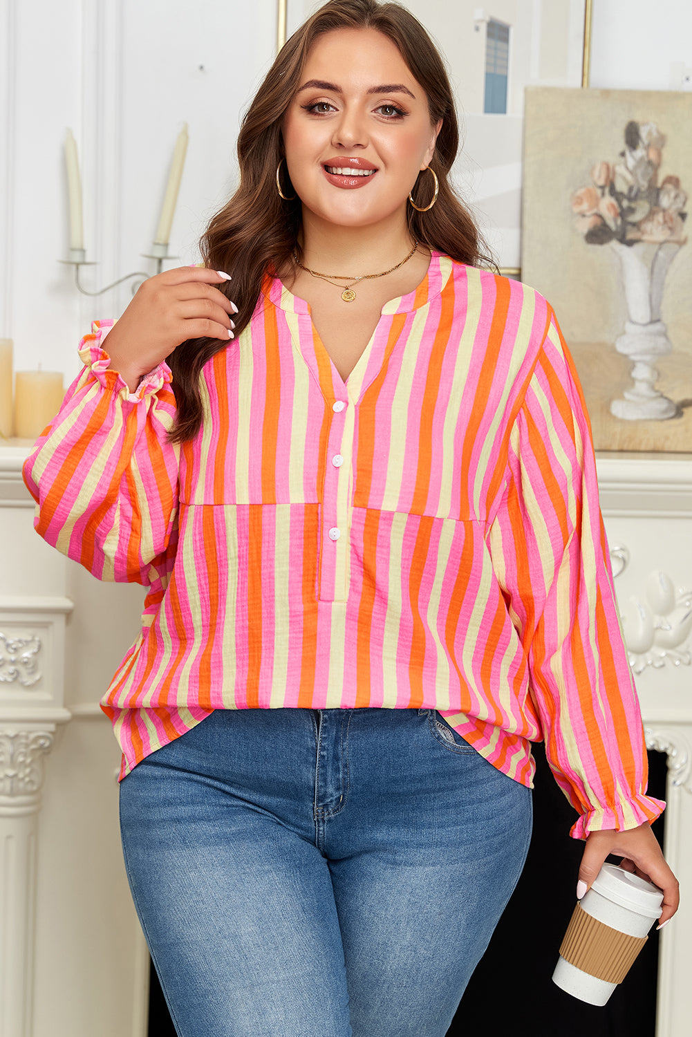 Threaded Pear Teresa Stripe Crinkled Half PLUS Blouse