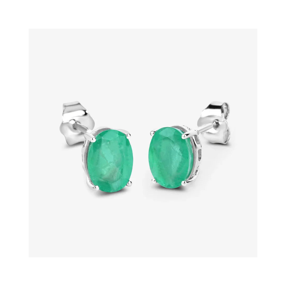 2.40 Ct Oval Green Zambian Emerald Prong 10K White Gold Stud Earrings