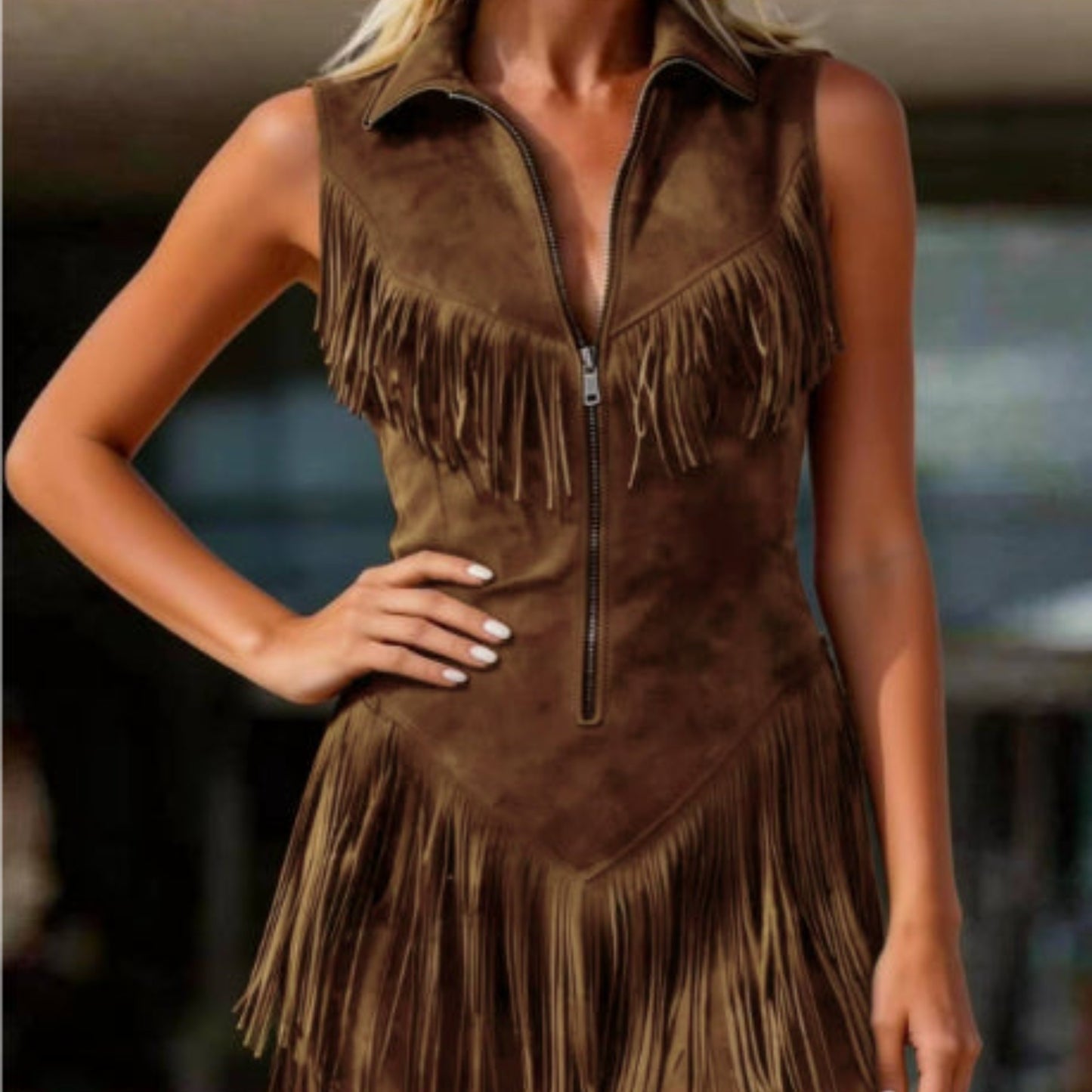 Women's Suede Western Tassel Sleeveless Slim-Fit Midi Dress