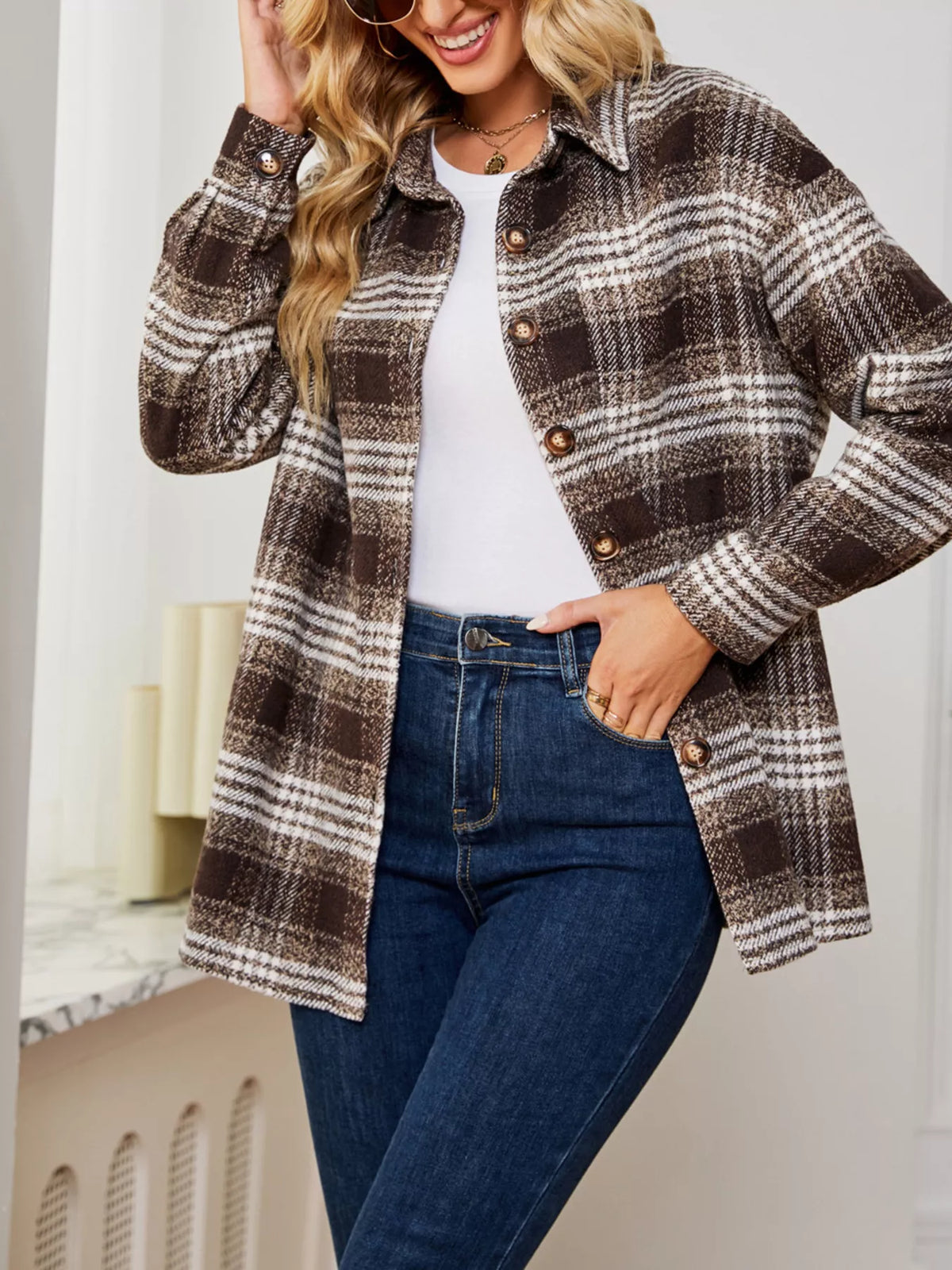 Plaid Button Up Long Sleeve Shacket