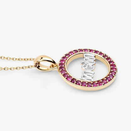 Round Pink Ruby Prong Gold Plated Silver Mom Circle Pendant Necklace