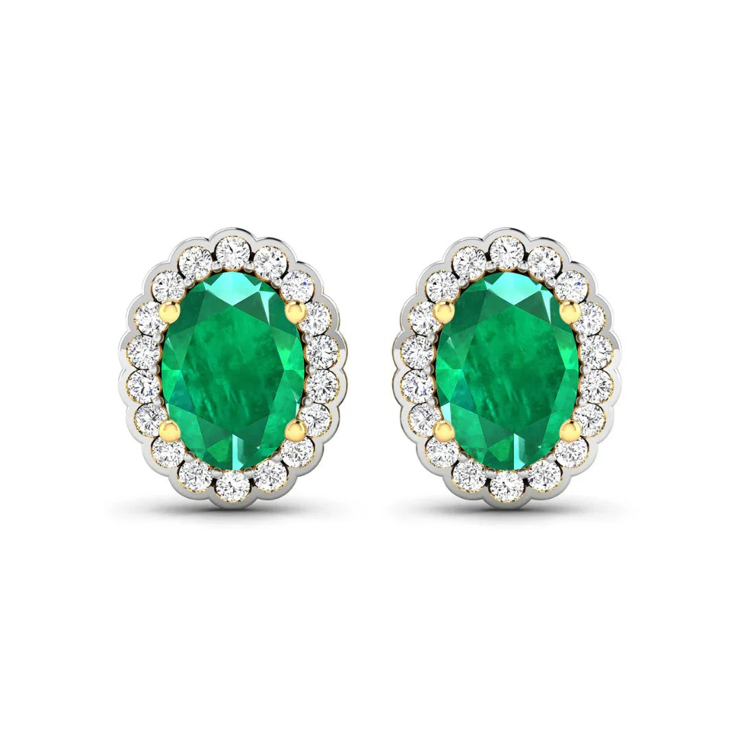 1.40 Ct Oval Green Zambian Emerald & Diamond Prong 14k Gold Halo Stud Earrings