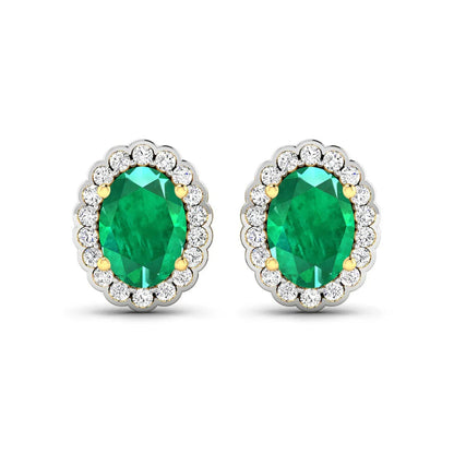 1.40 Ct Oval Green Zambian Emerald & Diamond Prong 14k Gold Halo Stud Earrings