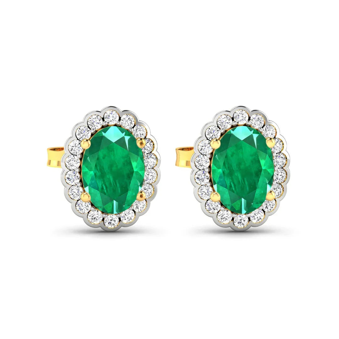 1.40 Ct Oval Green Zambian Emerald & Diamond Prong 14k Gold Halo Stud Earrings