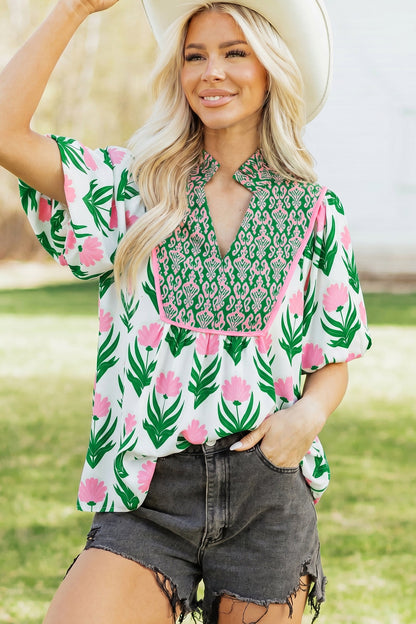 Threaded Pear Amiri Sleeve Contrast Bordered Blouse