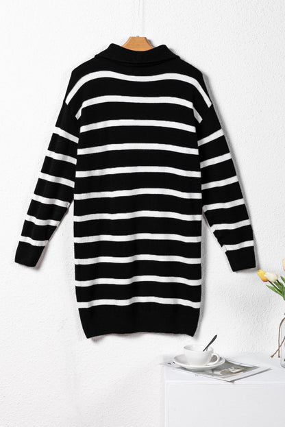 Threaded Pear Iris Striped Zip Collared Loose Sweater Mini Dress