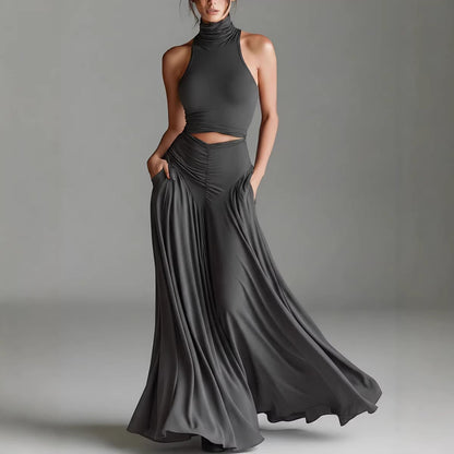 Women's Sleeveless High-Neck Top & Elegant Long A-Line Dress Two-Piece Set