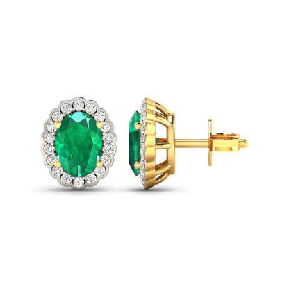 1.40 Ct Oval Green Zambian Emerald & Diamond Prong 14k Gold Halo Stud Earrings