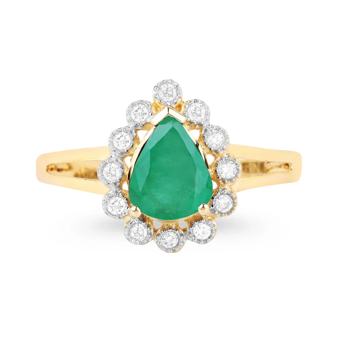 1.10 Ct Pear Green Zambian Emerald Diamond V-Prong 10k Gold Halo Statement Ring